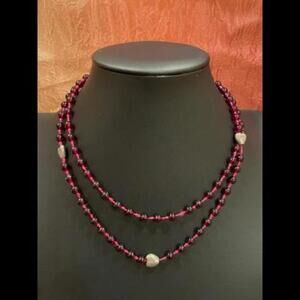 VINTAGE RUBY RED CRYSTAL BEADED NECKLACE  WITH 3 SMALL SILVER TONE HEARTS